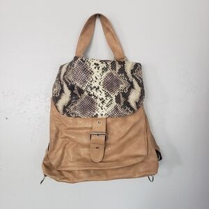 Tan Snakeskin Flap Backpack Vinyl Bag Carryall